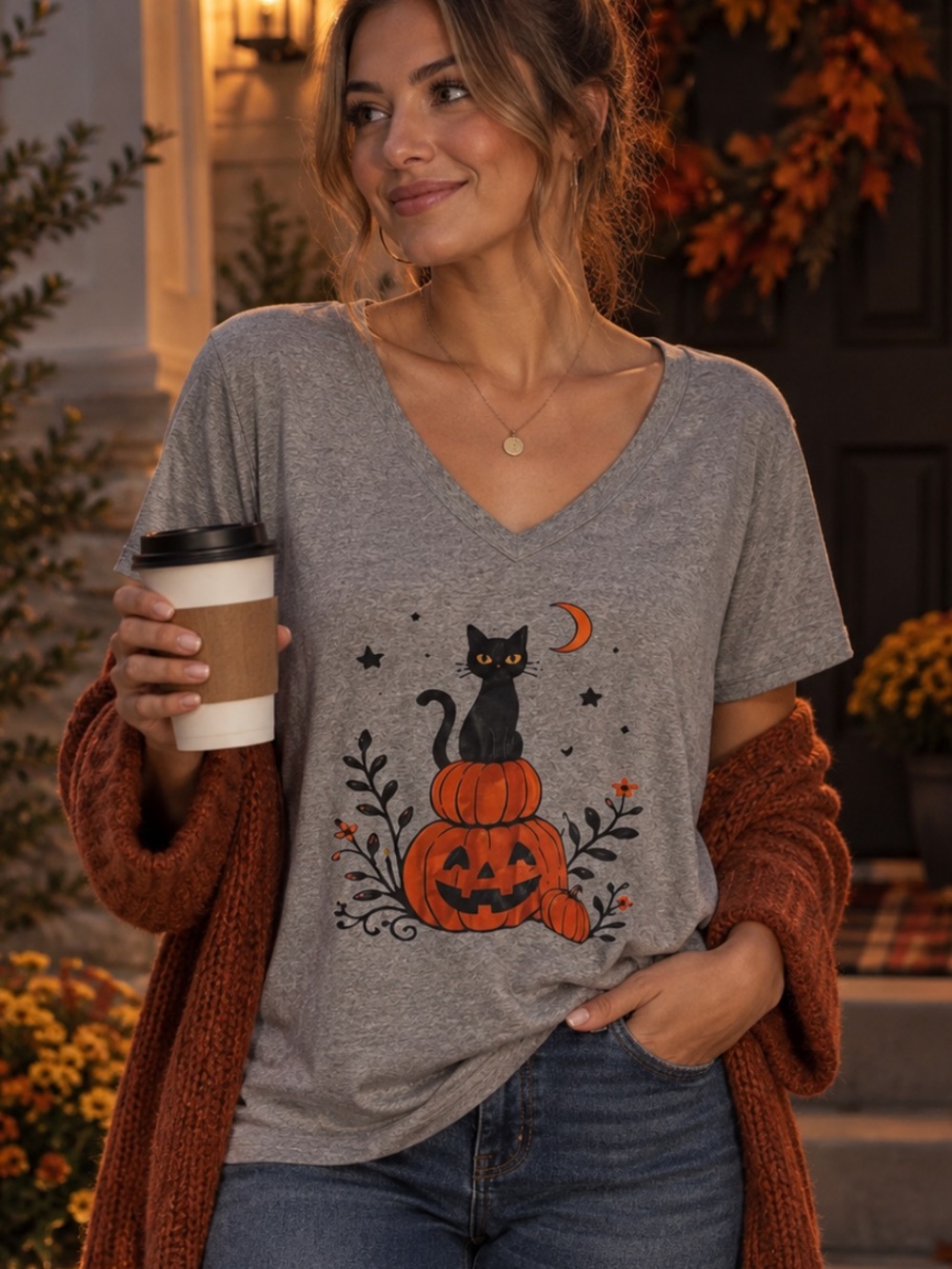 Gray Halloween Cat & Pumpkin V-Neck Women's Tee size 1XL NWOT